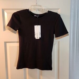 ZARA Black Short Sleeve T Shirt Top Gold Trim NWT S